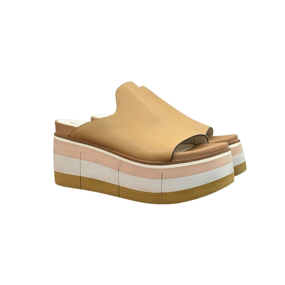 NakedFeet Flow Platform Sandal Slide SZ 7.5 Womens Tan Pink Leather Shoes Summer